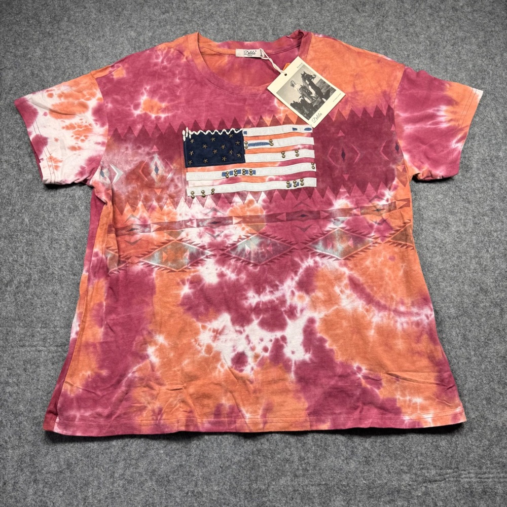 Delila‎ Texas Tie Dye American Flag Studded T-Shirt XXL Pink Orange DL-T020 NEW